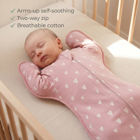 DreamWrap arms-up baby swaddle benefits: arms-up self-soothing, two-way zip and breathable 1.0 TOG cotton