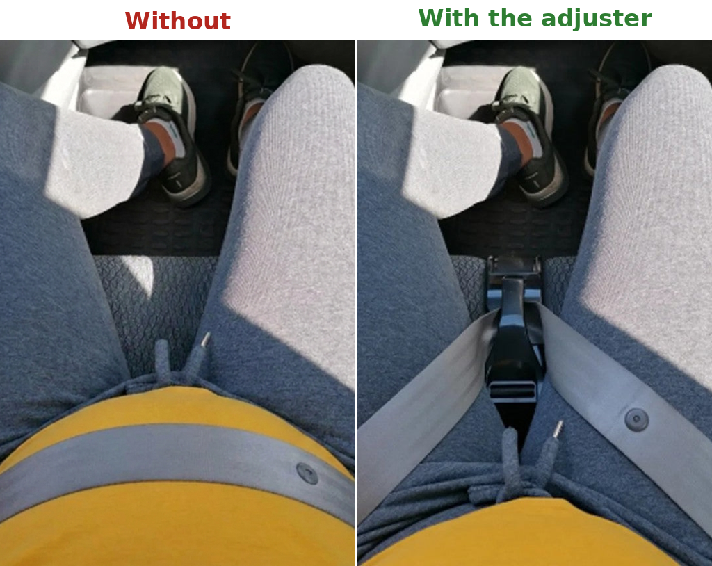Without and with the adjuster: belt on the bump vs held low
