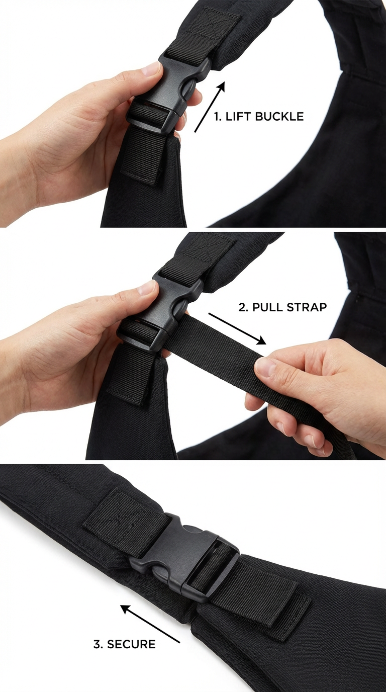 Instructions for using the pain-free baby sling: lift buckle, pull strap, and secure for comfort.