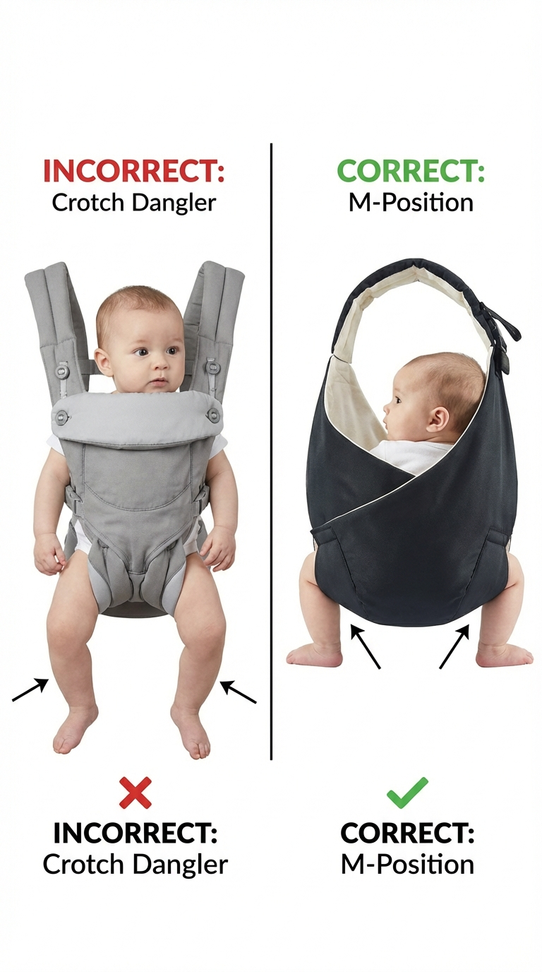 Comparison of baby sling positions, highlighting incorrect Crotch Dangler vs correct M-Position for pain-free baby sling use.