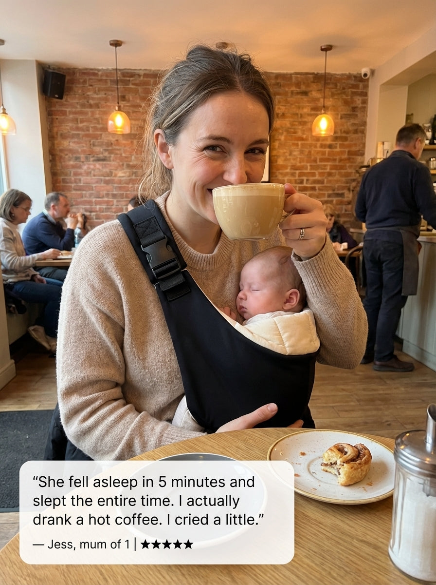 Happy parent enjoying coffee while using a pain-free baby sling with asleep baby, showcasing comfort and convenience.