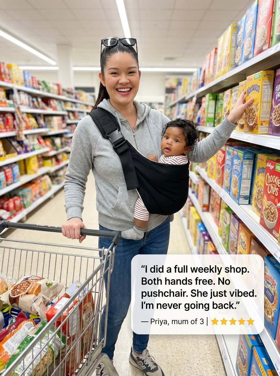 Happy parent using a pain-free baby sling while shopping, hands-free and comfortable with a baby.