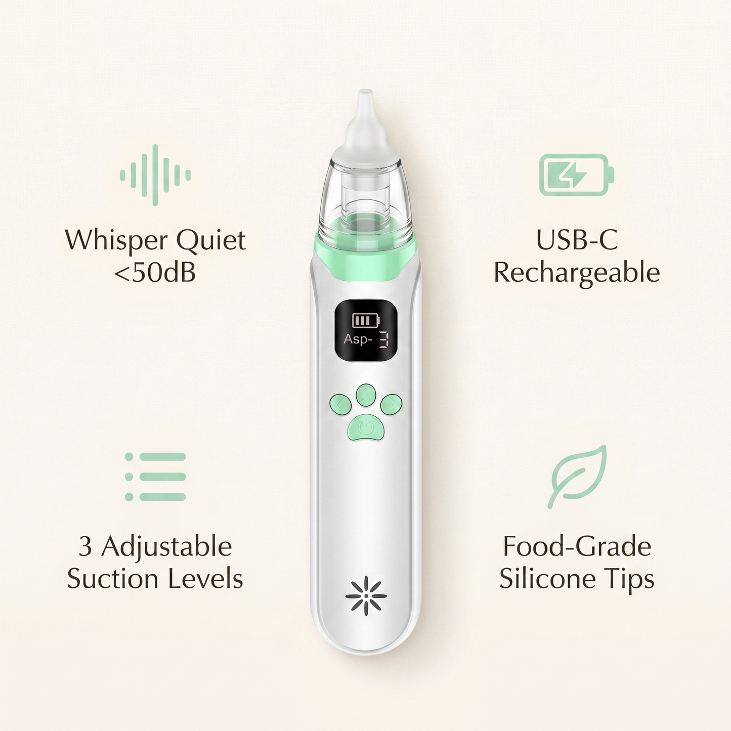 Whisper-quiet, USB-C rechargeable, three adjustable suction levels, food-grade silicone tips