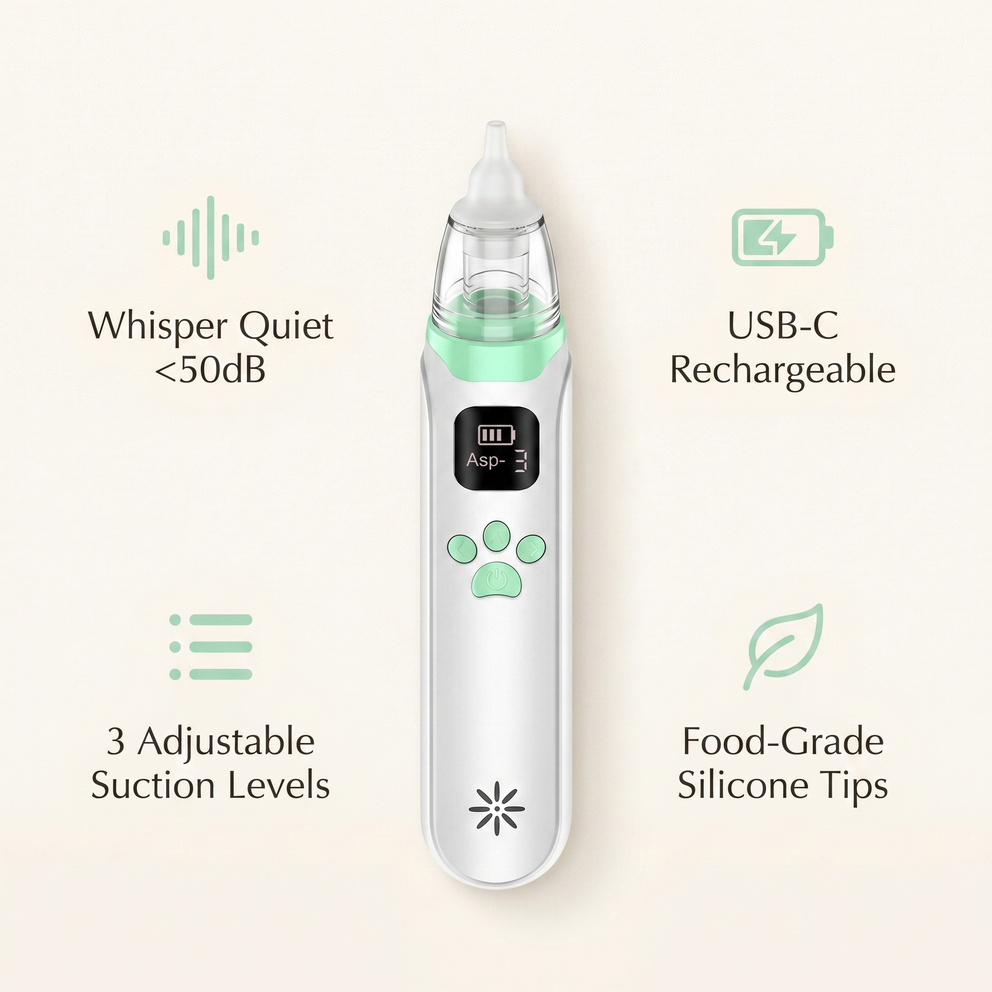 Whisper-quiet, USB-C rechargeable, three adjustable suction levels, food-grade silicone tips