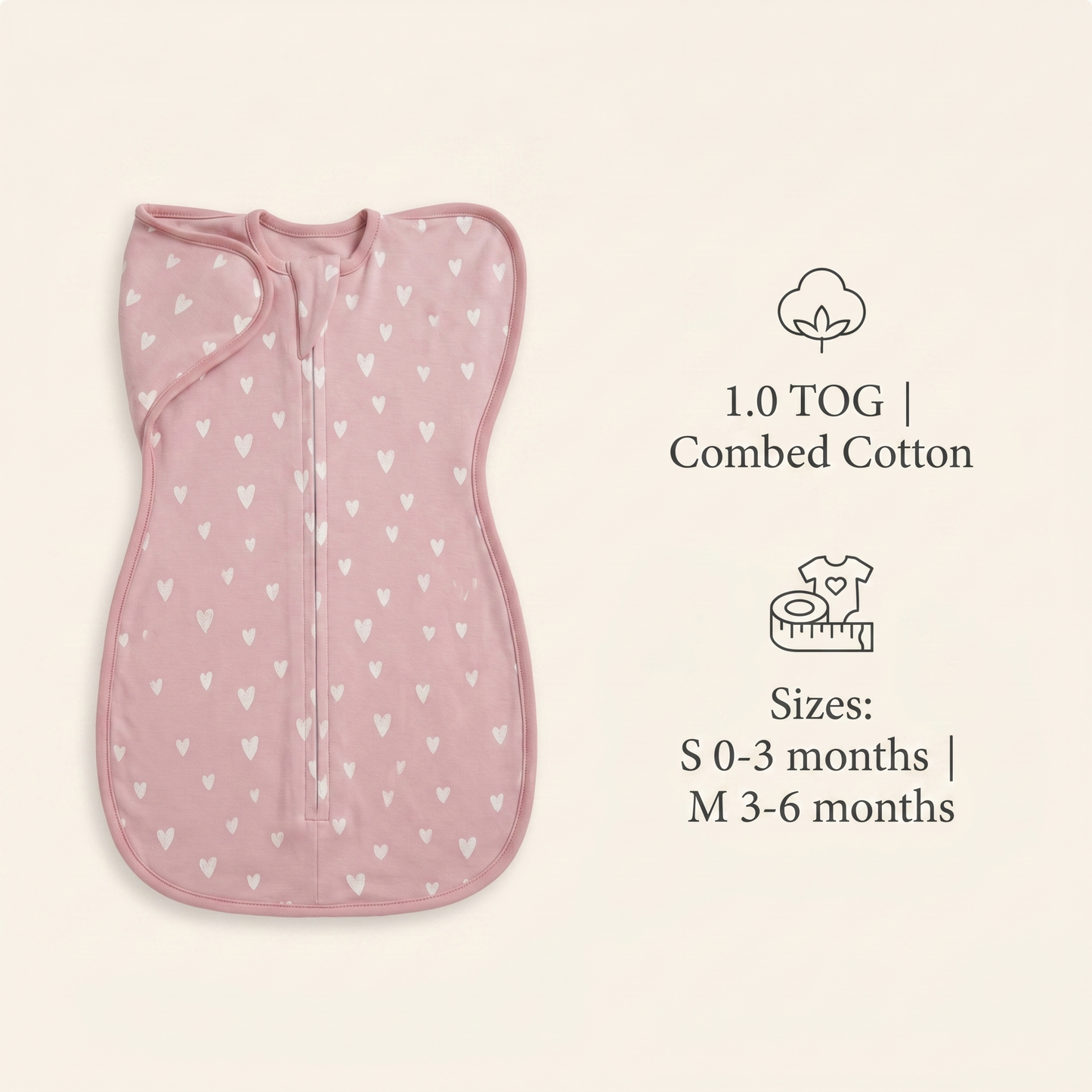 DreamWrap size and fabric guide: 1.0 TOG combed cotton, S 0-3 months, M 3-6 months