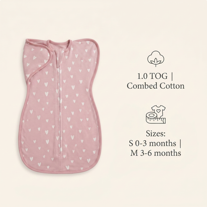 DreamWrap size and fabric guide: 1.0 TOG combed cotton, S 0-3 months, M 3-6 months