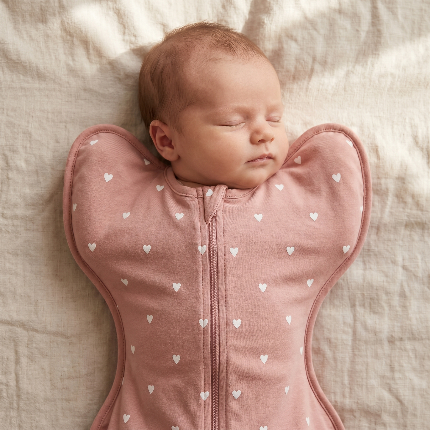 Close-up of newborn in arms-up DreamWrap swaddle with arms tucked inside the wings