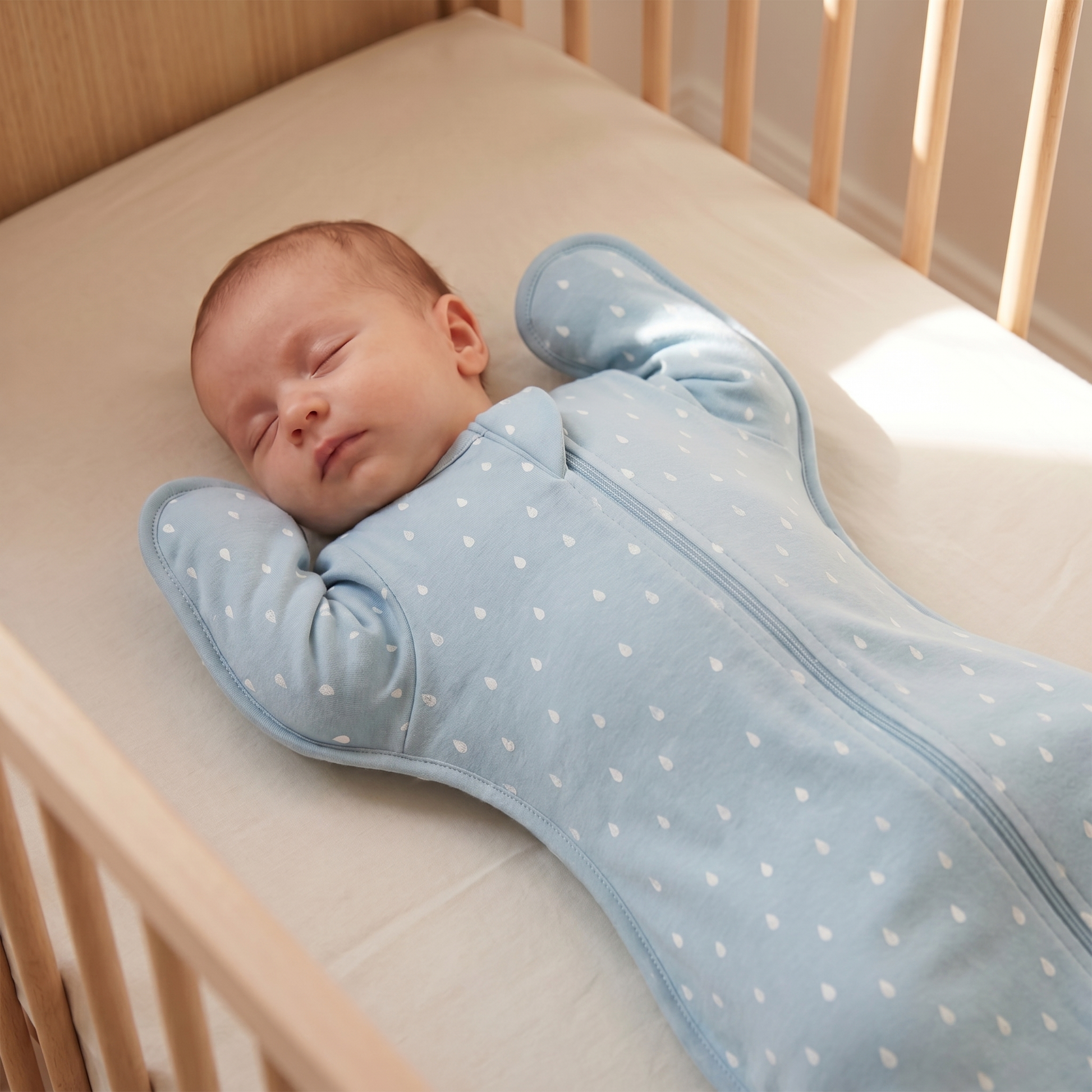 Newborn sleeping in a cot in the powder-blue raindrop DreamWrap arms-up swaddle