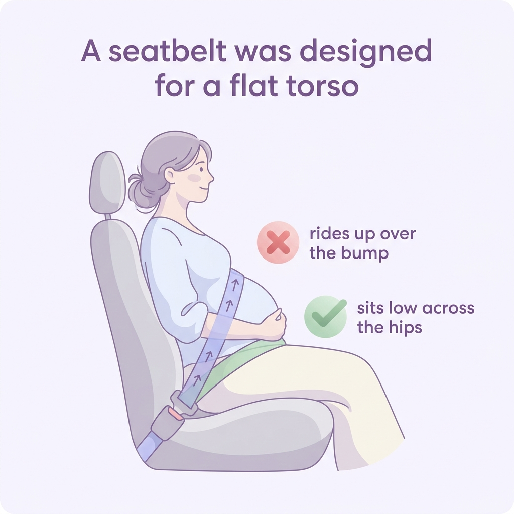 Diagram: a seatbelt was designed for a flat torso — lap strap rides up over the bump vs sits low across the hips