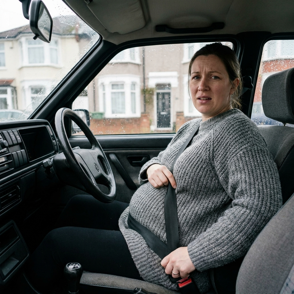 Pregnant woman in driver's seat pulling lap belt down off her bump
