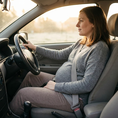 Pregnant woman driving relaxed with the lap belt held low by the adjuster