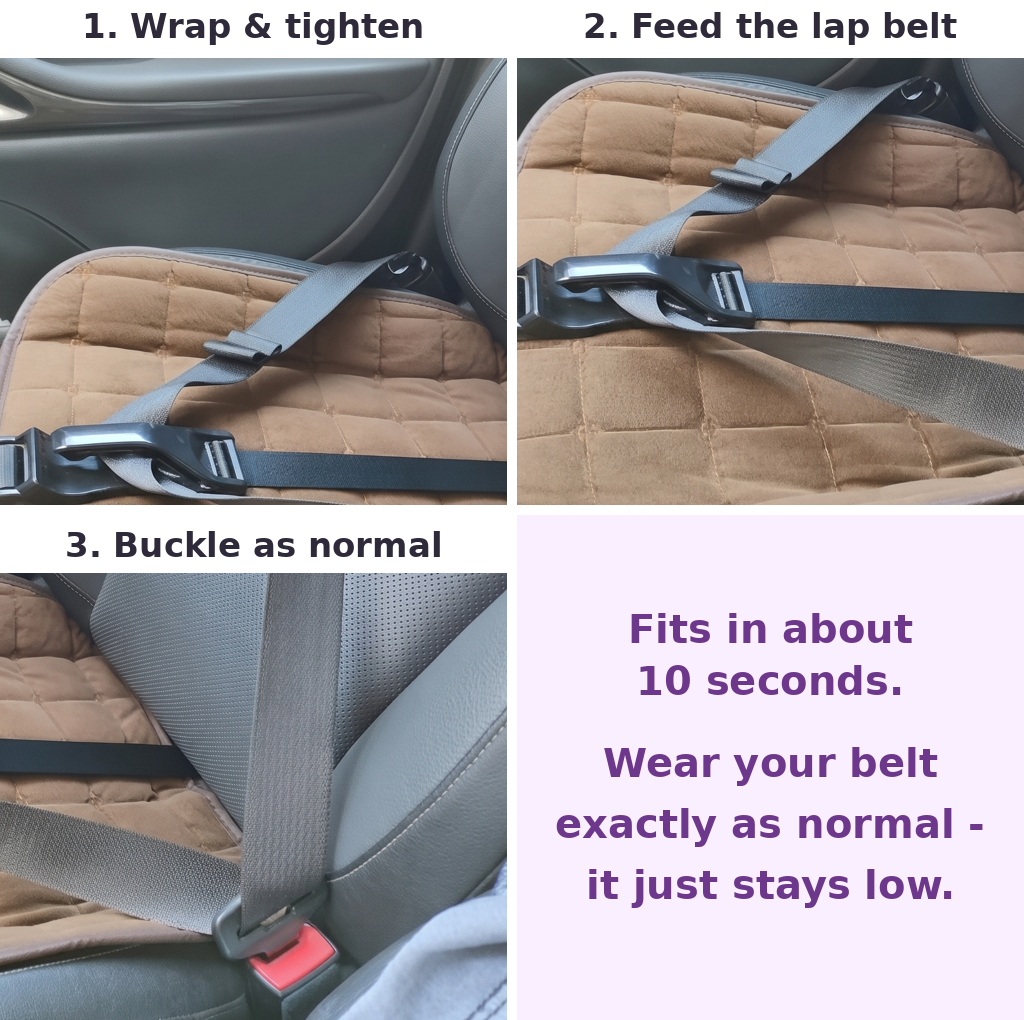 How it fits in 3 steps: wrap and tighten, feed the lap belt, buckle as normal