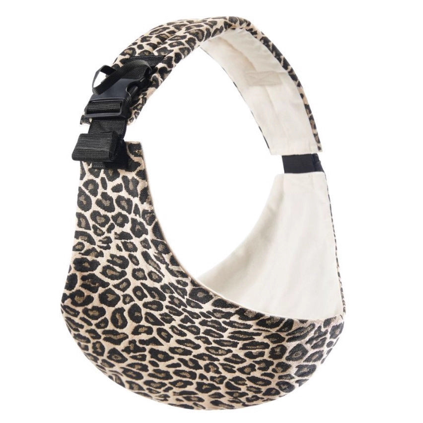 Back-Saver Baby Sling with leopard print, a pain-free baby sling designed for comfort and easy use.