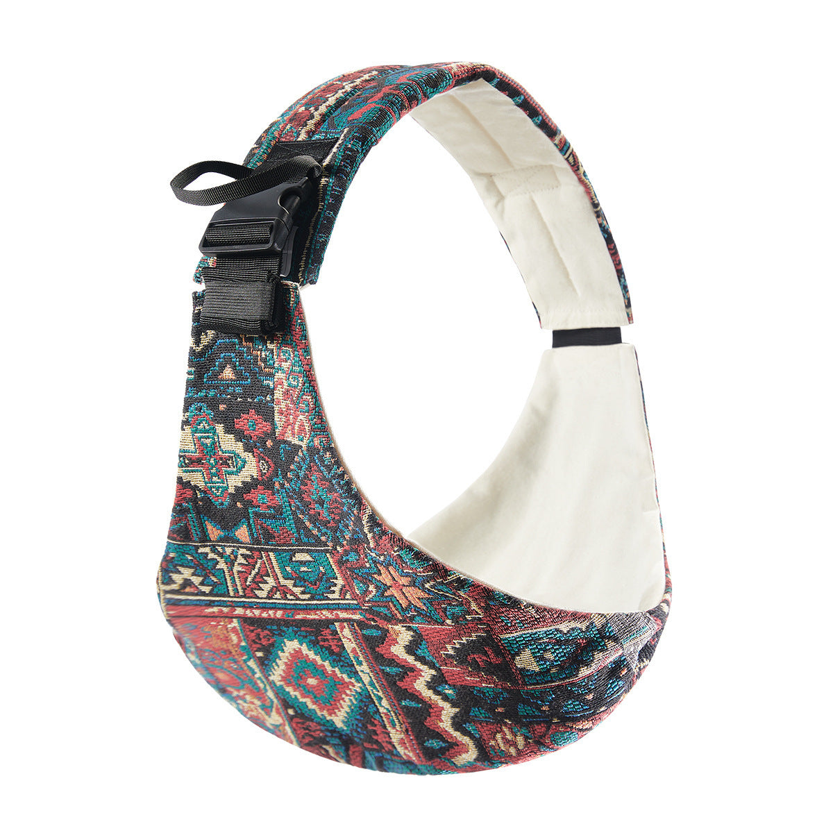 Pain-free baby sling with colorful ethnic patterns, designed for comfort and support.
